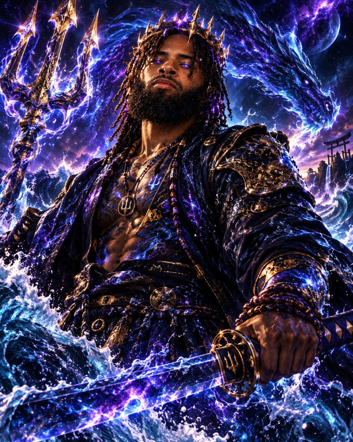 Cosmic Poseidon warrior with glowing trident