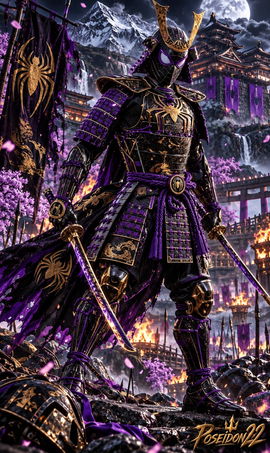 Black, gold and purple spider samurai artwork